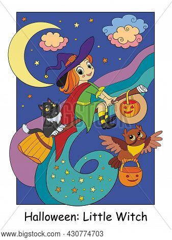 Funny And Cute Little Witch Flying On A Broomstick With Cat And Owl. Halloween Concept. Cartoon Vect