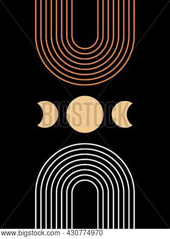 Abstract  Poster With Moon On Black Background. Line Art. Contemporary  Geometric Composition. Boho 