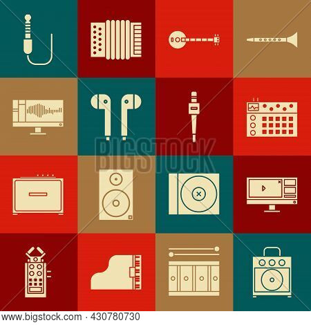 Set Guitar Amplifier, Video Recorder Or Editor Software On Monitor, Drum Machine, Banjo, Air Headpho