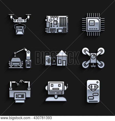Set Smart Home, Robot, Bot, Drone Flying With Action Camera, Assembly Line, Industrial Machine Robot