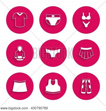 Set Men Underpants, Undershirt, Pants, Skirt, Hoodie, Swimsuit And T-shirt Icon. Vector