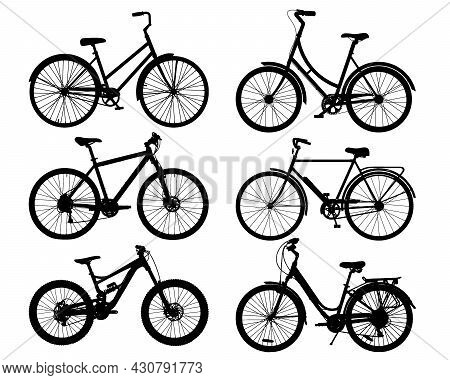 Vector Bicycle Silhouette Set Isolated On White Background. Collection Of Realistic Black Bike Silho