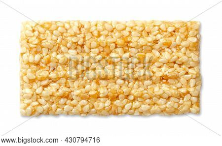 Sesame Brittle Bar, From Above, On White Background. Single Sesame Seed Candy Bar, Also Called Crunc