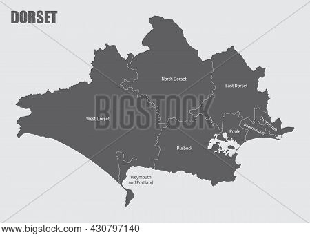 Dorset County Isolated Map Divided In Districts With Labels, England