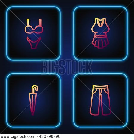 Set Line Pants, Umbrella, Swimsuit And Undershirt. Gradient Color Icons. Vector