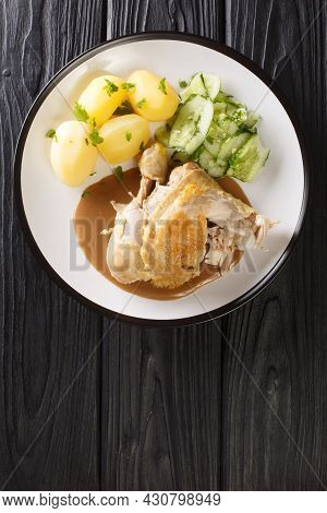 Gammeldags Kylling Traditional Chicken Dish From Denmark With Potatoes, Cucumber Salad, And Sauce Cl