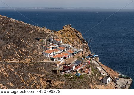 Berlenga Island, Portugal - August 28, 2019: View Of The Fishers Village Of Berlenga, With Anchored 