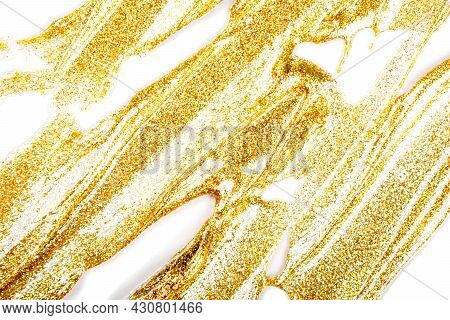 Cosmetic Products. Makeup Texture. Golden Smudged Texture Of Paint, Gold Face Mask, Nail Polish On W