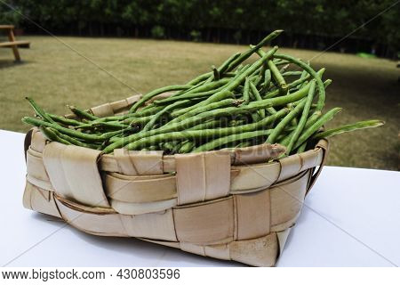Green Long Beans Also Known As Fresh Lobia Ki Phalli Or Chawli Heap In Wicker Basket. Side View Of H