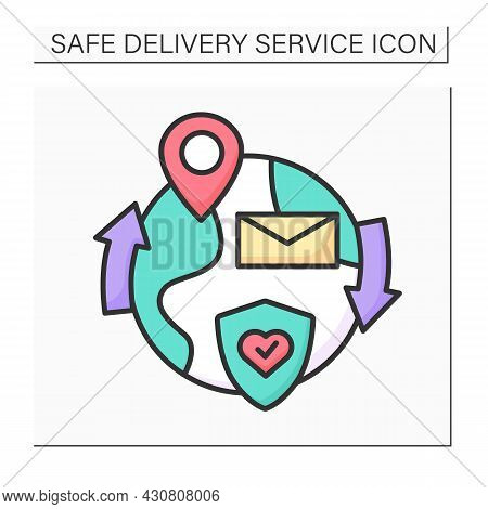 International Delivery Color Icon. Globe With Location And Stop Covid. Concept Of Safe Worldwide Pos
