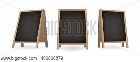 Set Of Black Chalkboard A-frame Standees In Different Views. Realistic Blank Board For Menu Announce