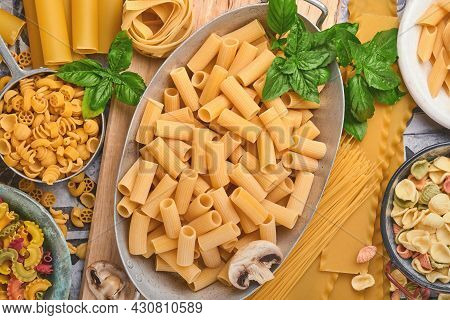 Pasta. Italian Pasta. Variety Of Traditional Italian Pasta: Colorful Spaghetti, Tagliatelle, Farfall