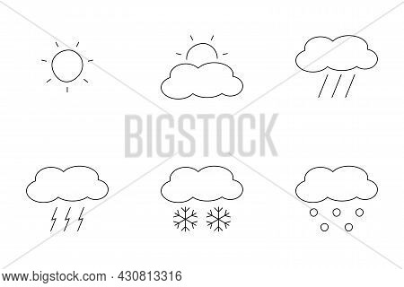 Weather Line Icons Set. Forecast And Meteorology. Hand Drawn Cloudy And Rainy Set. Storm And Snow Sy