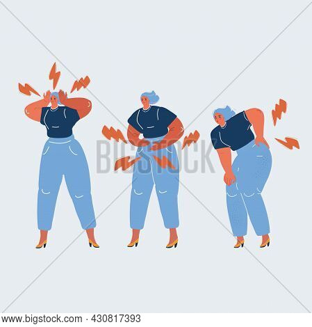 Vector Illustration Of Woman With Body Pain In Different Part. Head, Back, And Stomack. Pms Concept.