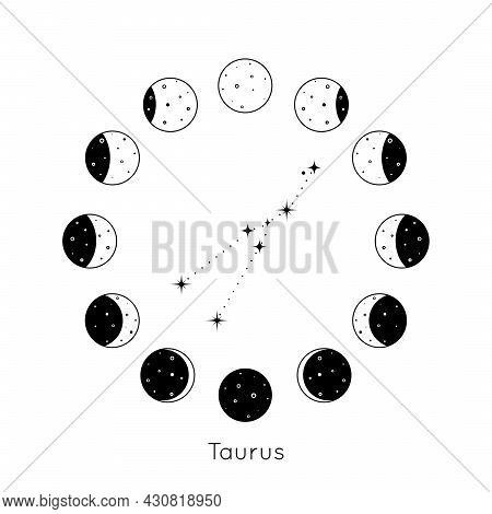 Taurus Zodiac Constellation Inside Circular Set Of Moon Phases. Black Outline Silhouette Of Stars. V