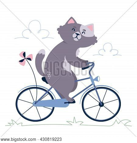A Cat On A Bike. Cute Animal Character Vector Illustration.