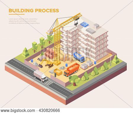Building Construction Site In The City On Grey Background. Crane, Trucks, Workers, Excavator And Oth