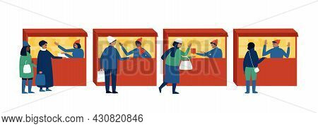 Winter Market With Buyers And Sellers Stalls On An Isolated Background. Illustration For Shopping Li