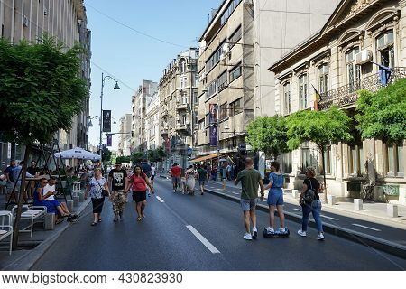 Bucharest, Romania - August 15, 2021: People Are Walking On Calea Victoriei. Several Streets In The 