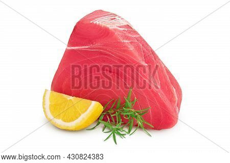 Fresh Tuna Fish Fillet Steak With Rosemary And Lemon Isolated On White Background With Clipping Path
