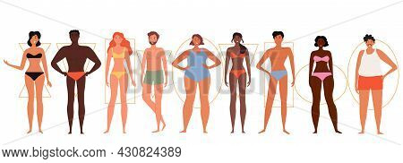 Set Of Male And Female Characters With Different Body Shapes On White Background. Concept Of Human F