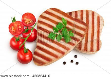 Tuna Fish Steak Grilled Isolated On White Background With Clipping Path And Full Depth Of Field, Top