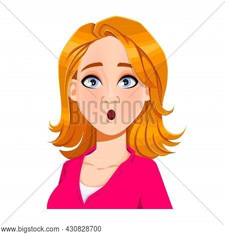Face Expression Of Beautiful Woman, Surprised. Female Emotion. Cute Cartoon Character Blond Lady. St