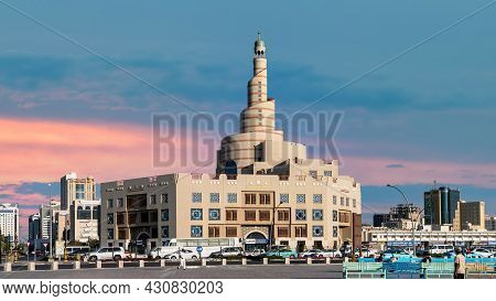 Doha, Qatar - February 2019: Al Fanar Mosque, Nicknamed The Spiral Mosque