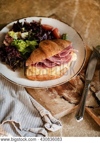 Ham, Cheddar Cheese And Scrumbled Egg Stuffed French Croissant