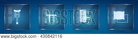 Set Crutch Or Crutches, Rocking Chair, Domino And Pillow. Square Glass Panels. Vector
