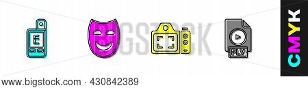 Set Light Meter, Comedy Theatrical Mask, Photo Camera And Flv File Document Icon. Vector