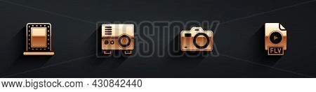 Set Makeup Mirror With Lights, Media Projector, Photo Camera And Flv File Document Icon With Long Sh