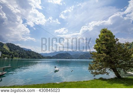 Panorama Of The Bled Lake, Blejsko Jezero, With Its Blue Waters During A Sunny Summer. Lake Bled Is 