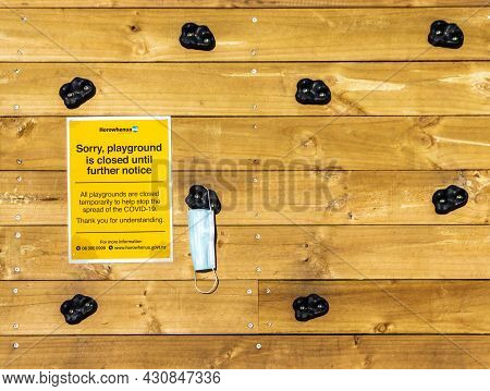 Foxton , Horowhenua, New Zealand, 08.21.2021. Playgorund Closed Because Of Covert-19 Lockdown.