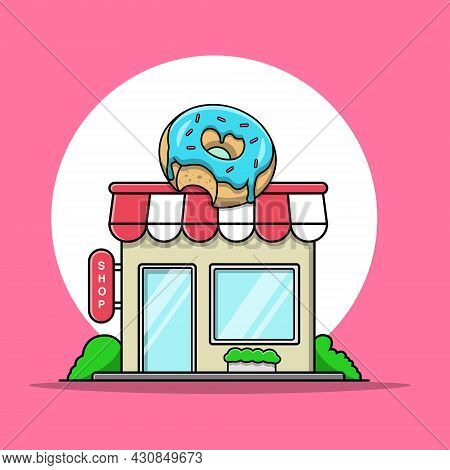 Doughnut Shop Vector Icon Illustration. Building And Landmark Icon Concept White Isolated. Flat Cart