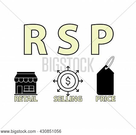 Rsp Retail Selling Price With Simple Icon And Keywords On White Background