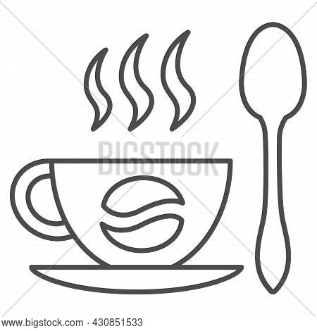 Cup Of Coffee On Sauser, Coffee Bean And Spoon Thin Line Icon, Beverage Concept, Hot Drink Vector Si