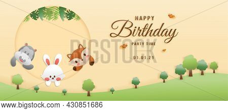 Cute Birthday Greeting Card. Jungle Animals Celebrate Children's Birthdays And Template Invitation P
