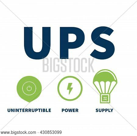 Ups Uninterruptible Power Supply With Simple Icon And Keywords On White Background.