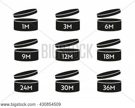 Pao Dark Vector Icon Set. Period After Opening Symbols. Can With Open Cap With Expiration Period In 