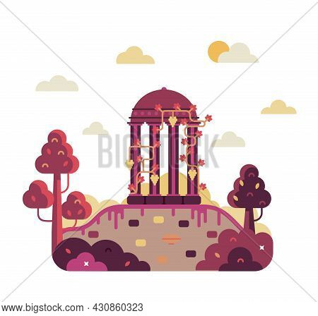 Colonade Covered With Grapes Stands On The Ruins Of An Ancient Civilization - Vector Cartoon Illustr