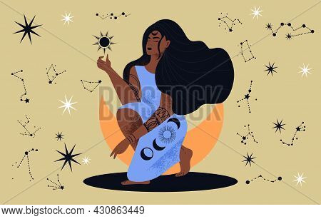 Mystic Exotic Woman. Pictures About Connection Between Man And Space. African American Girl Sit For 
