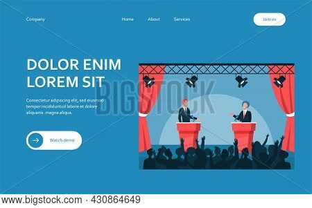 Two Politicians Taking Part In Political Debates In Front Of Audience Isolated Flat Vector Illustrat
