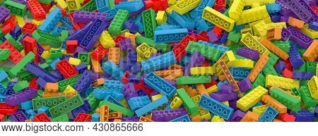 Colored Toy Bricks Background. Rainbow Colors. Random Coloured Plastic Construction Blocks. 3d Illus