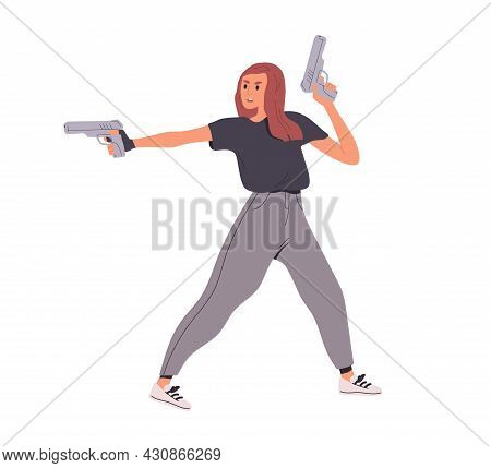 Woman Pointing At Smb With Pistols. Female Killer Standing And Holding Handguns In Both Hands, And T