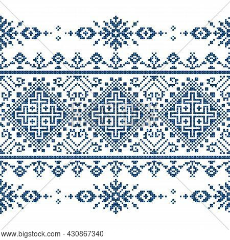 Zmijanjski Vez Cross Stitch Style Vector Seamless Pattern - Traditional Textile Or Fabric Folk Art P