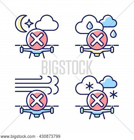 Safe Drone Operation Rgb Color Manual Label Icons Set. Weather Conditions. Flight Planning. Isolated