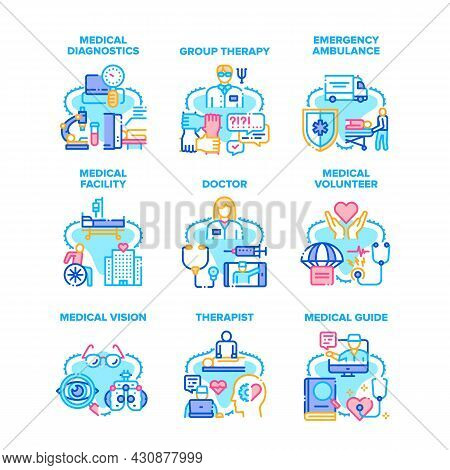Medical Therapy Set Icons Vector Illustrations. Medical Therapy And Diagnostics, Doctor Therapist An