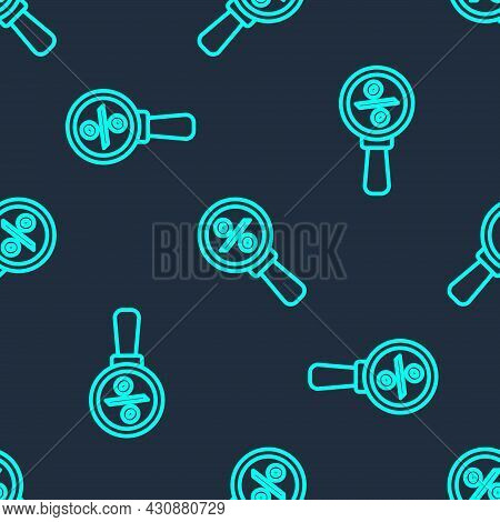 Green Line Magnifying Glass With Percent Icon Isolated Seamless Pattern On Blue Background. Discount