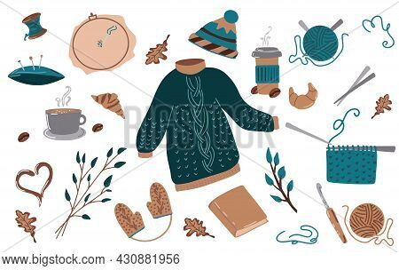 Cozy Autumn Set, Hygge Evening For Knitting. Handmade Work. World Knitting Day In Public Places, Bal